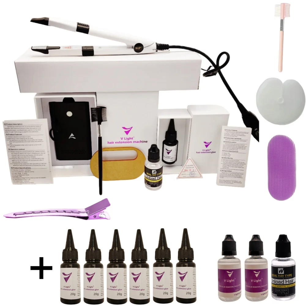 Máquina de extensión de cabello con tecnología v-light, cinta sin rastro, Kit de herramientas de extensión de cabello con pegamento de extensión de cabello ligero en V