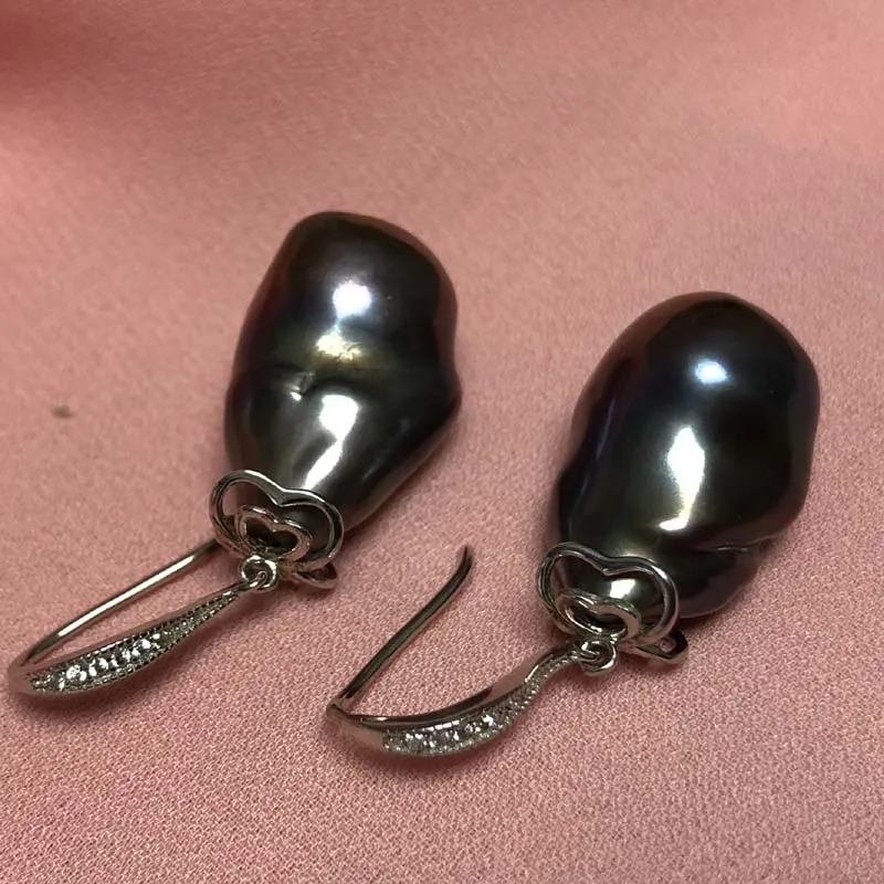 ELEISPL JEWELRY 14x22mm Baroque Black Pearl Dangle Earring Hook #230030-5