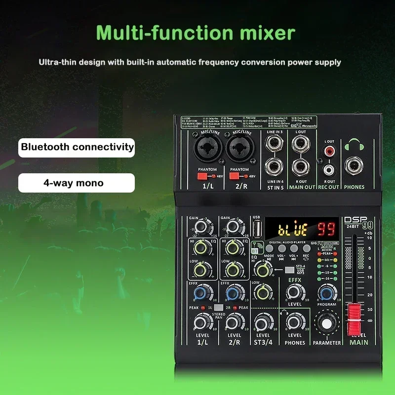 Mini 4 Channel Audio Mixer Individual +48V Phantom Power 99 DSP Effects Bluetooth USB Computer Play Record Mixing Console 3