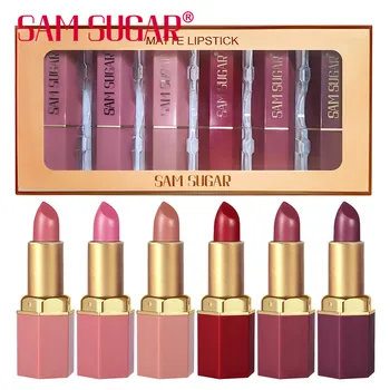 6 Colors Gold Bar Tube Lipstick Matte Texture Pearlescent Glitter Velvet Lipstick Valentine's Day Gift 6PCS 1