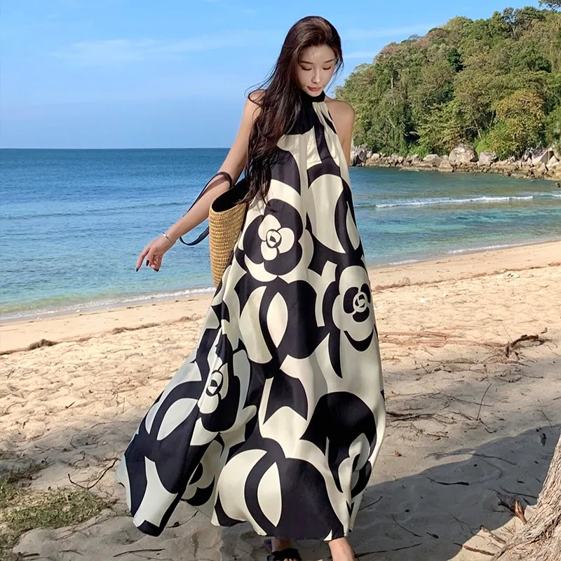 

Holiday Style Sleeves Prom Dress for Women 2024 Long Graceful Socialite Sundress Vacation Summer Ladies Simple Loose Clothes New