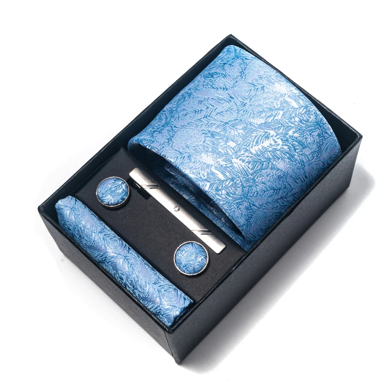 8 cm Tie Handkerchief Cufflink Clip Set For Men Blue Floral Wedding Gravata Suit Accessories Birthday Gift Box neck tie,tie clip,pocket square,mini handkerchief