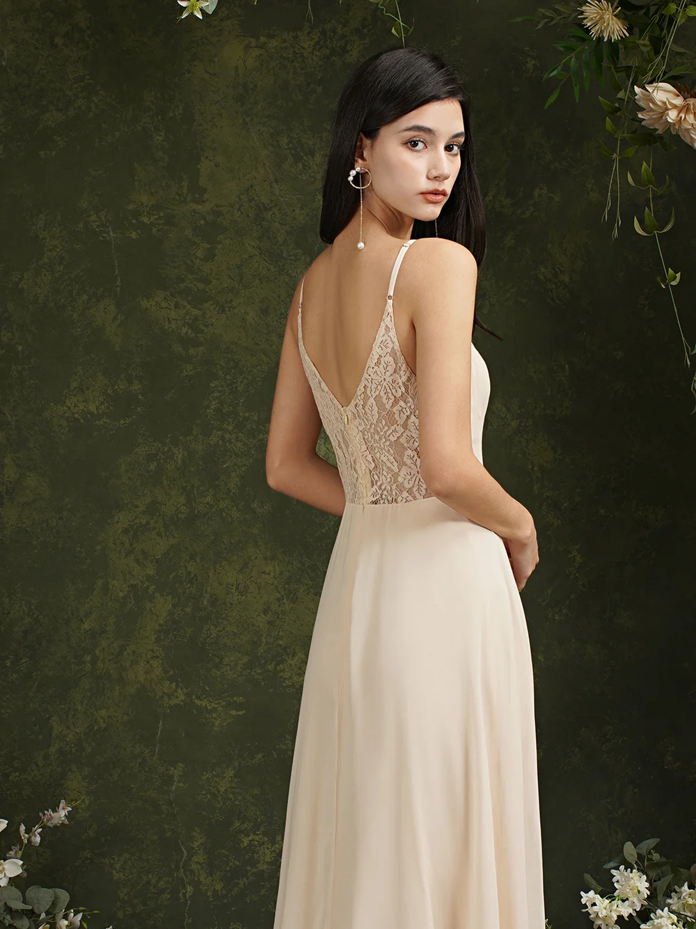 MisShow Back Lace Deisgn Light Champagne Chiffon Long Dresses for Women Sexy Illusion Adjustable Straps Maxi Party Summer Dress