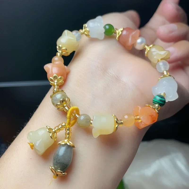 

Natural Stone Jade Pumpkin Bead Gourd Bracelet Women's Crystal Bracelet Internet Celebrity Niche Light Luxury Gift Girl Student