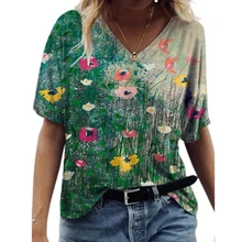 

2022 New Summer T Shirts Women Short Sleeve V-Neck Floral Printed Tops Oversized Casual Streetwear Tee Top Plus Size 3XL 4XL 5XL