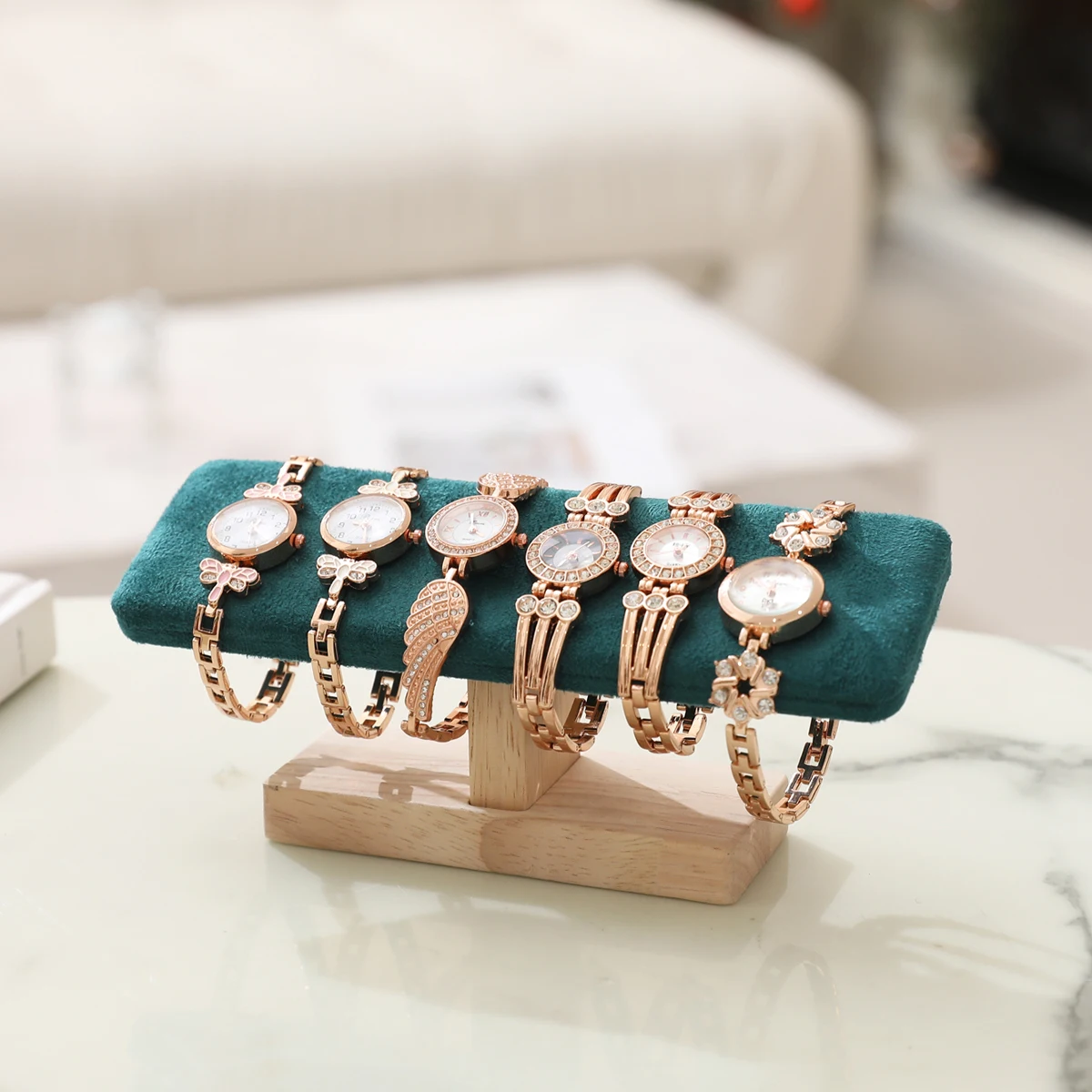 1pc Holz Basis T-Förmigen PU Leder/Samt Armband Display Rack Armreif Uhr Haarband Schmuck Lagerung Ständer halter Organizer – Detail 21