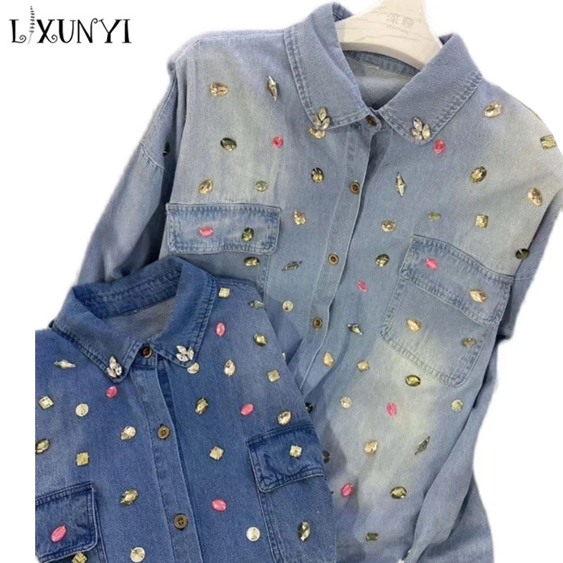 

LXUNYI Design Heavy Women Denim Blouse with Diamond Spring 2023 Long Sleeve Rhinestone Loose Elegant and Youth Woman Blouses