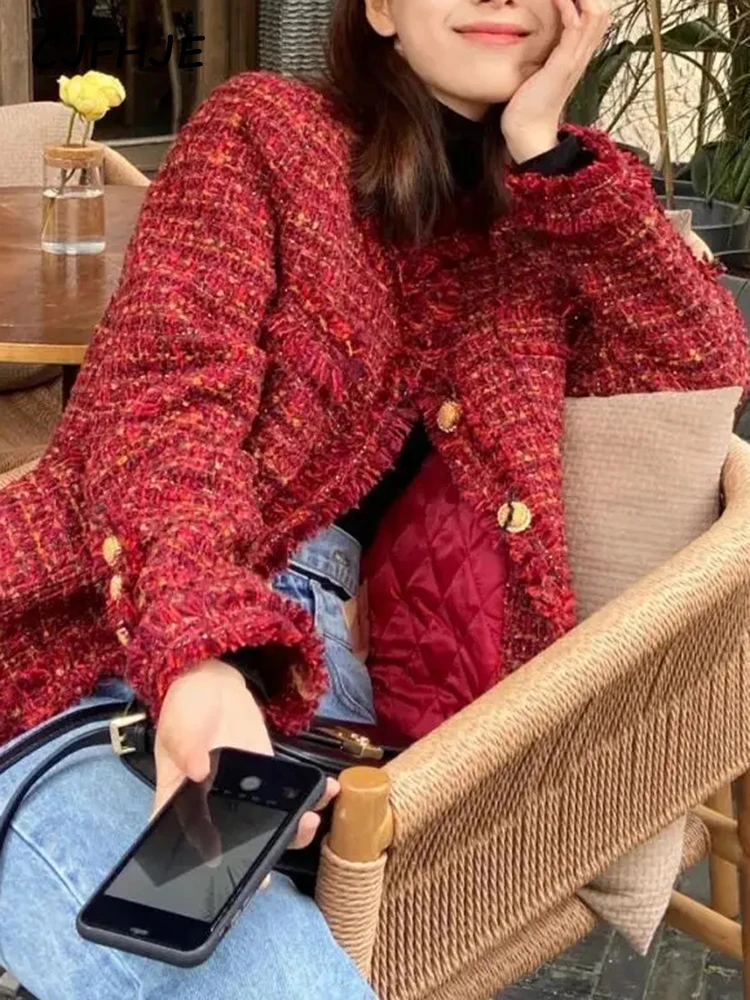 CJFHJE Tassel Red Winter Tweed Suit Jackets Women Casual Short Outerwear Tops Vintage Button O-Neck Long-Sleeved Blazers Female