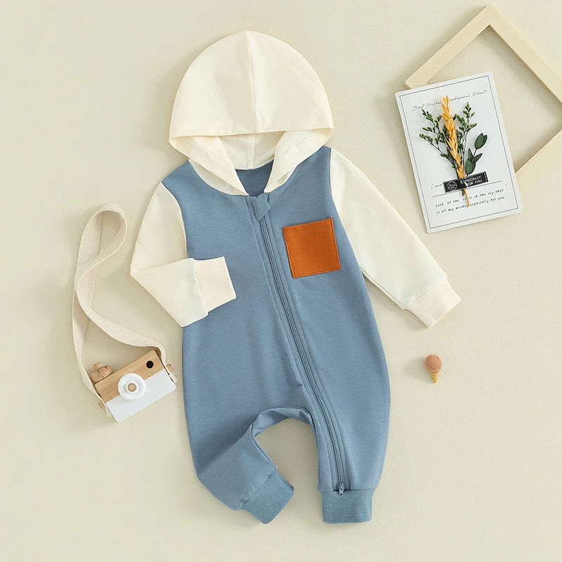 

Newborn Baby Boy Girl Hoodie Jumpsuit Long Sleeve Zipper Romper Color Block Bodysuit with Pocket Fall Clothes