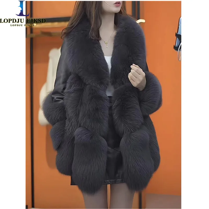 

Faux Fox Fur Coat for Women,Korean Covered Button Jacket, Thick Warm Clothes,Fox Fur Collar,Spliced , Autumn And Winter, 2024