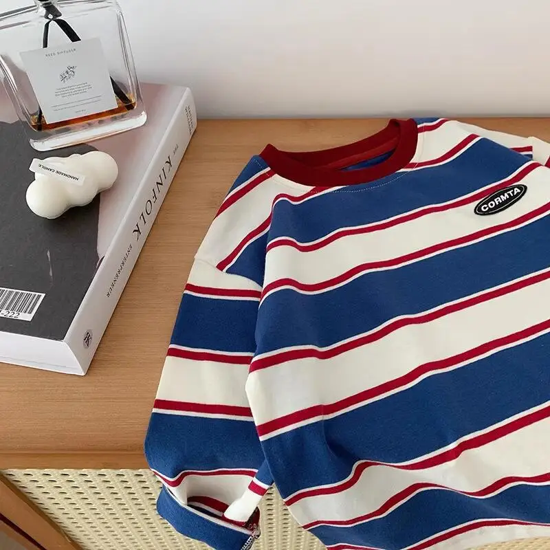5569 Children Long-sleeved T-shirts 2025 Spring Autumn Striped Boy's Sweatershirt Handsome Bottoming Shirts Tops 2