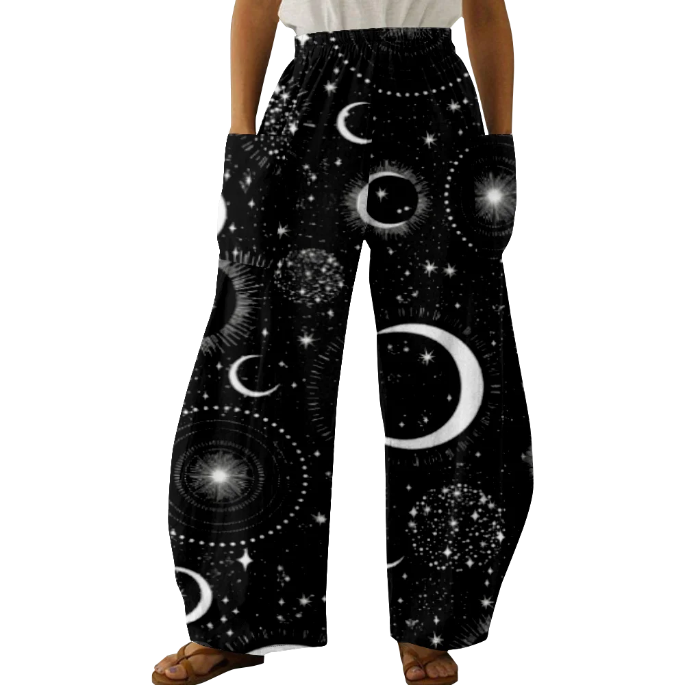 Spring Stylish Galaxy Print Pants Summer Casual Oversized Girls Y2K Trousers Creative Pocket Wide Leg Pants Women Pantalon