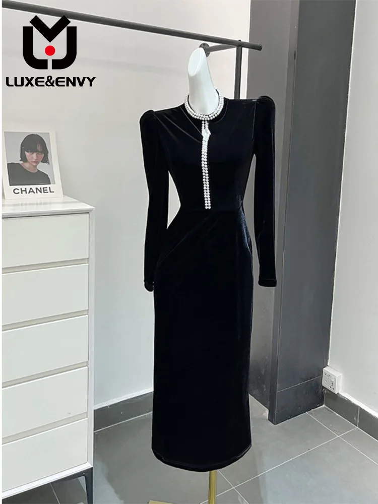 

LUXE&ENVY Temperament Celebrity Exquisite Goddess Style High End Sense Long Dress French Black Velvet 2023 Autumn