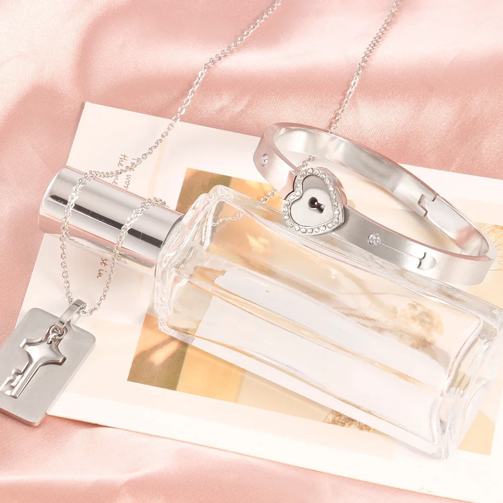 Couple Jewelry Stainless Steel Bracelet Love Heart Lock Bracelets Key Pendant Necklace for Women Men Couples Set Jewelry Gift