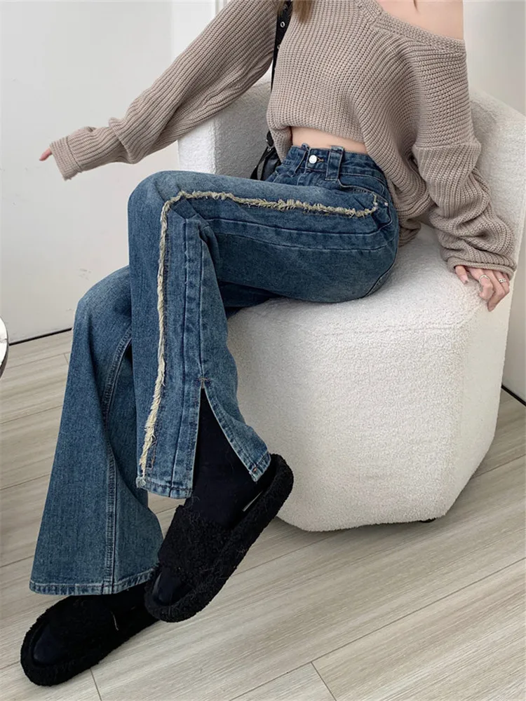 2022 Autumn Winter Jeans Women Warm Denim Trousers High Waist Casual Loose Female Denim Pants Wide Leg Woman Jeans women wide leg flared denim jeans for spring autumn female leisure elastic high waist straight leg stretchy fashion jeans pocket