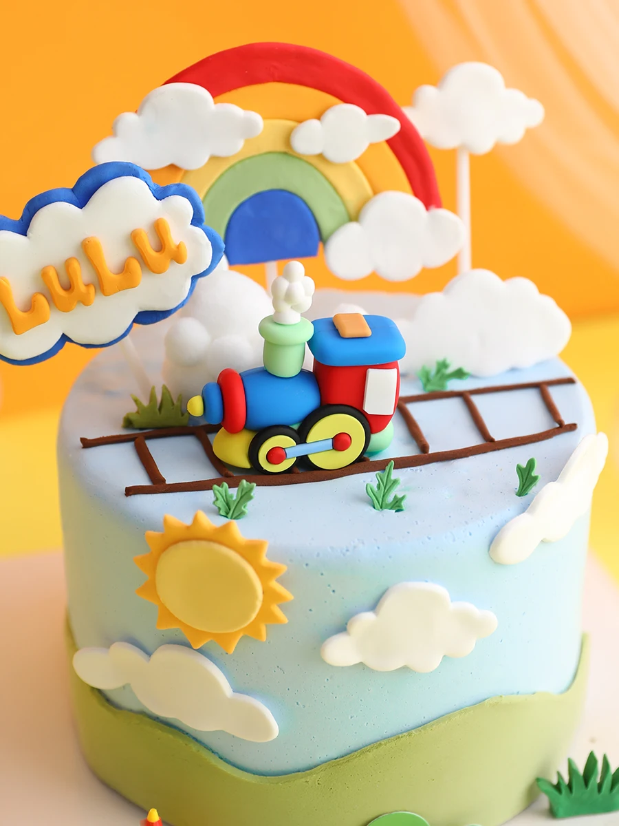 

Train Cake Decoration Steam Little Locomotive Ornaments for Baby Shower Happy Birthday Cartoon Rainbow Clouds Birthday Insert