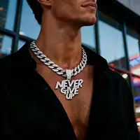European And American Style NEVER GIVE UP Letter Pendant Niche Design Cuban Chain Alloy Full Diamond Hip Hop Necklace