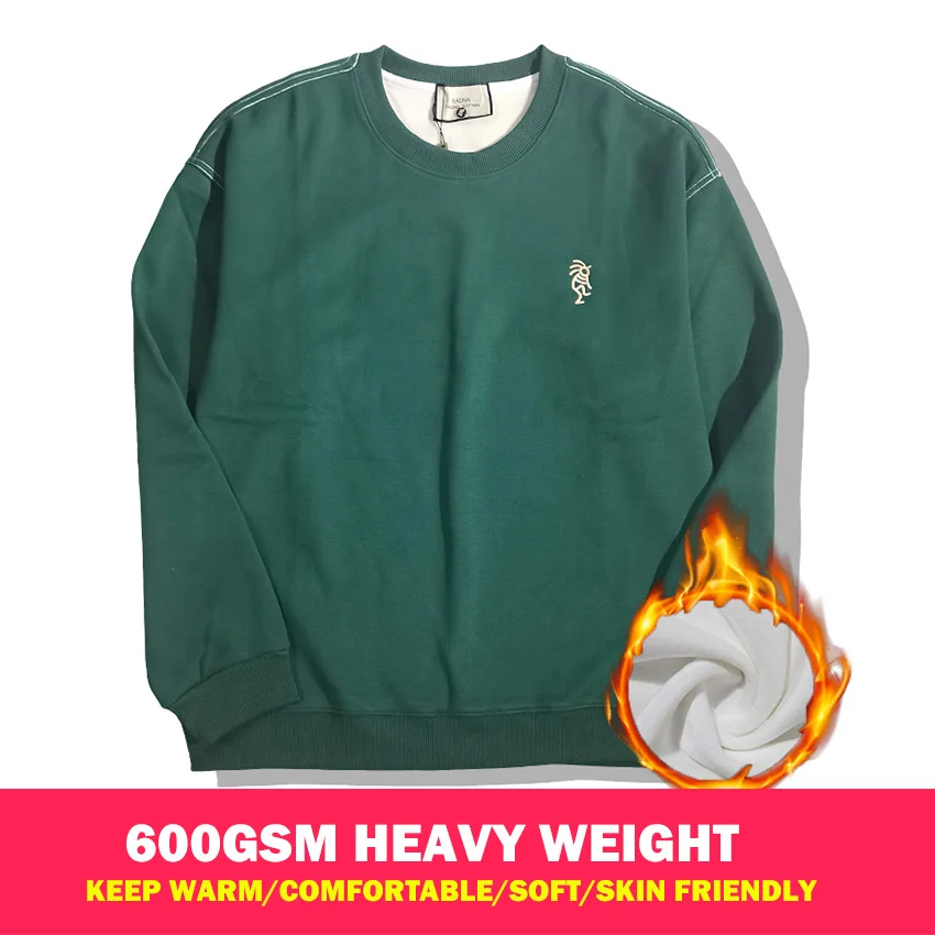 Men's Sweatshirt 600GSM HeavyWeight Alphabet printing embroidery Pullover Hoodies streetwear Round neck fleece Men Casual top