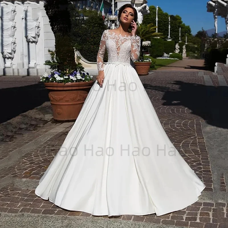 

Женское атласное платье-трапеция, изысканное свадебное платье с длинным рукавом, платье невесты на молнии с аппликацией и иллюзией на спине, 2024