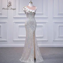 Elegant silver one shoulder sexy mermaid evening dresses vestidos de fiesta robe de soiree de mariage prom dresses party dress