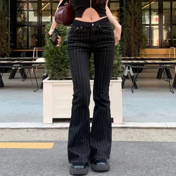 2000s Clothes Y2k Low Rise Boot Cut Jeans Woman Casual Black Striped Denim Trousers Streetwear Flare Pants P77-DD25 1