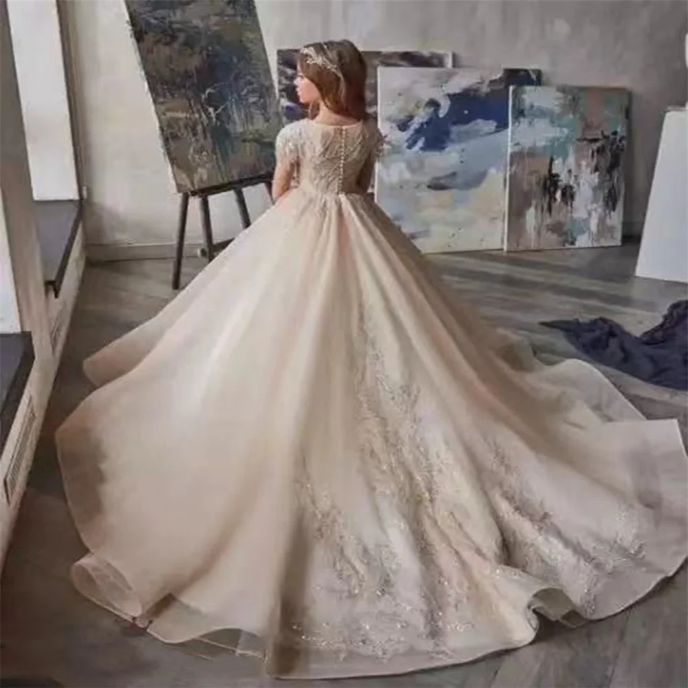 Elegance Champagne Tulle Appliques Sparkly Sequins Beaded Kids Pageant Gowns Birthday Dresses Flower Girl Dresses Wedding