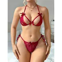 Ensemble 2 pièces soutien-gorge push-up ajustable en dentelle et string, lingerie sexy pour femme, couleur unie, ultra-fin, avec bretelles ajourées 6