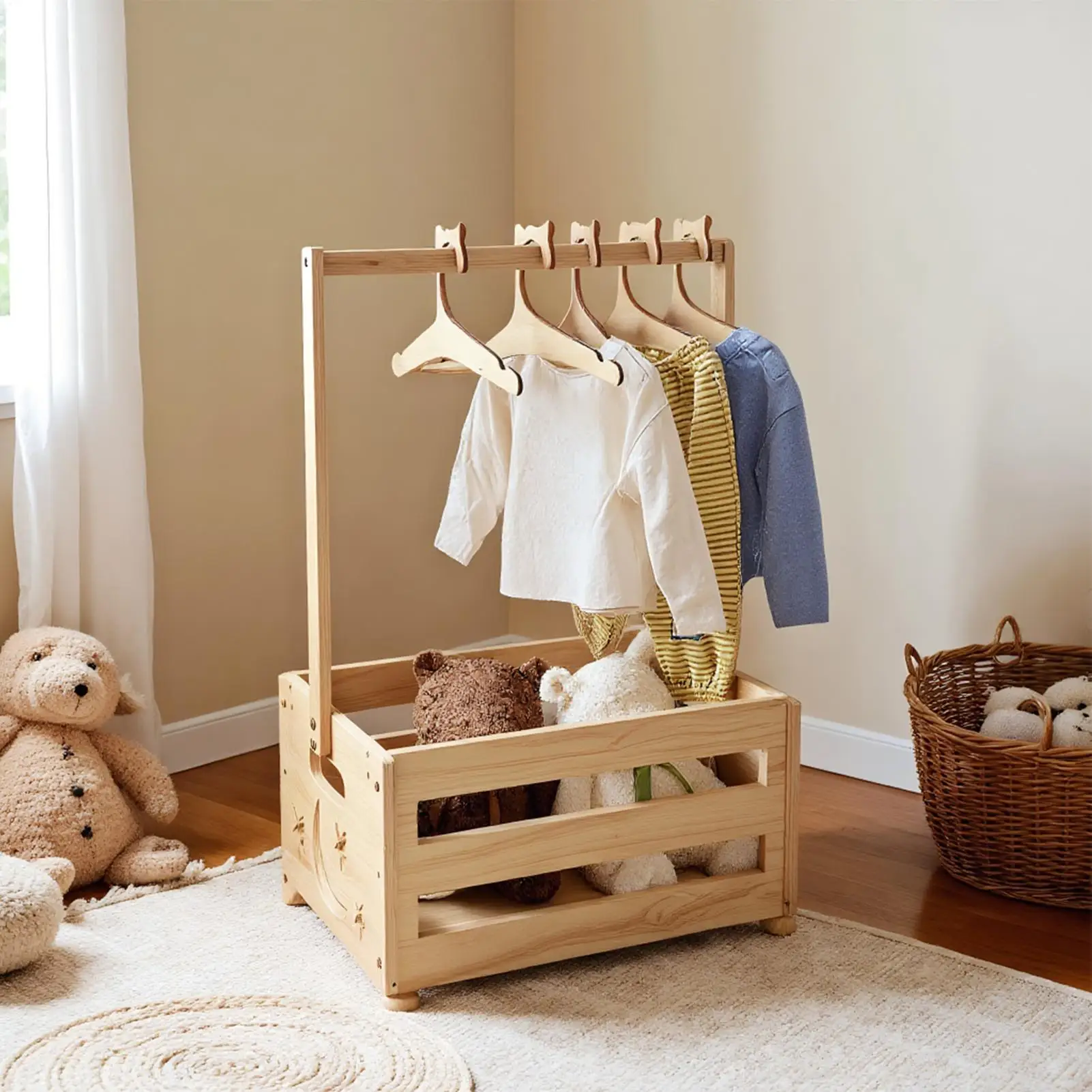  옷 수납함 (옷걸이 5개 포함) 나무 기저귀 수납 랙, 베이비 샤워 선물용 의류 바구니, 장난감 정리함