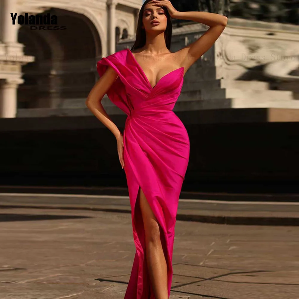 

Red 2024 Exquisite Mermaid Evening Dresses Strapless One-Shoulder Front Split Satin Party Dress Floor Length Robe de soirée