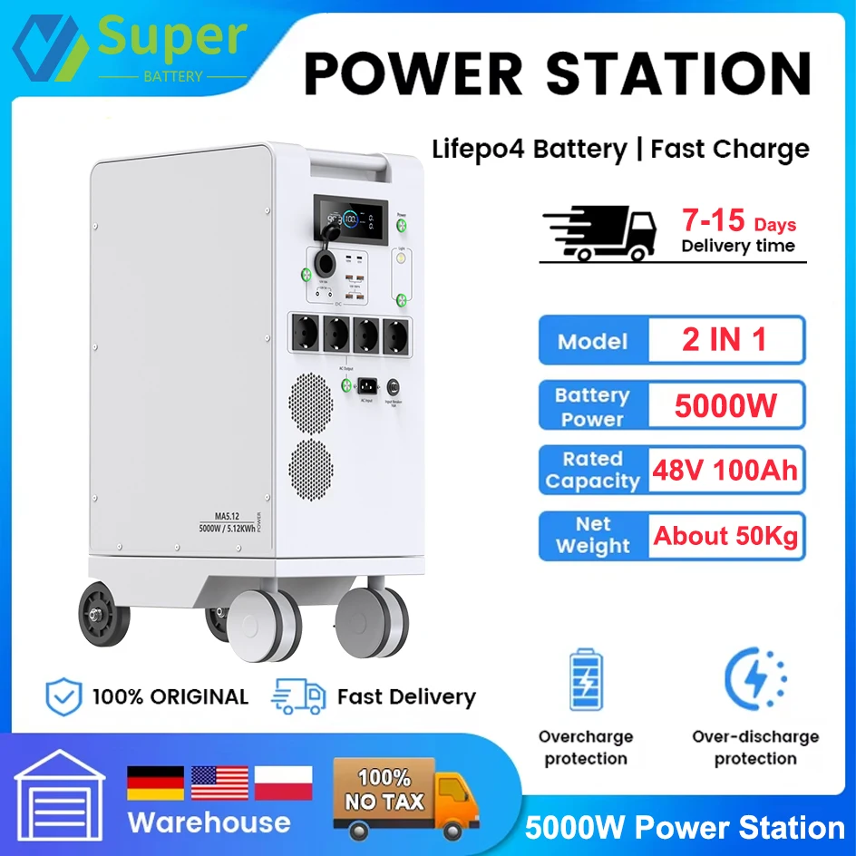 Portable Power Station 5000W LiFePO4 48V 100Ah 5Kwh 6000W MPPT Inverter With Light 18W-USB EU AC Input/Output PV Input EU STOCK
