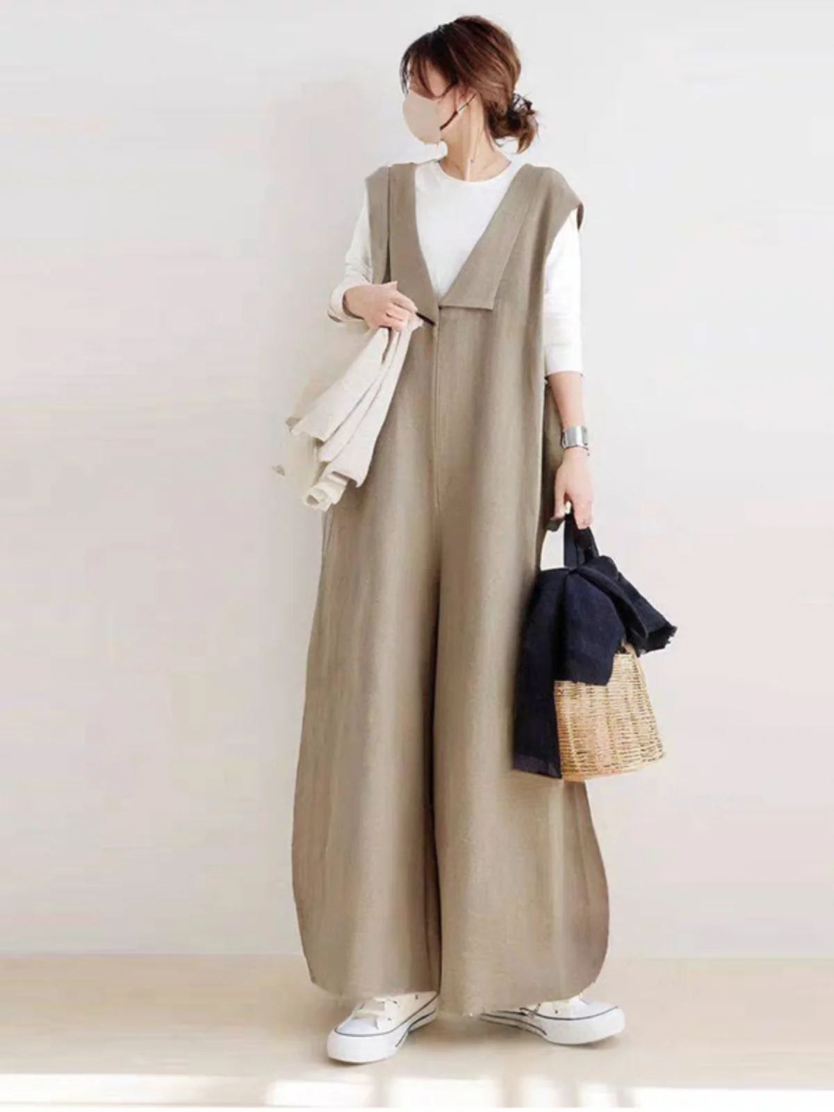 Loose Casual Cotton Lin Rer with Collar Svel Wide Leg Pants High Waist Nine Points High Street Sle Spring Summer New