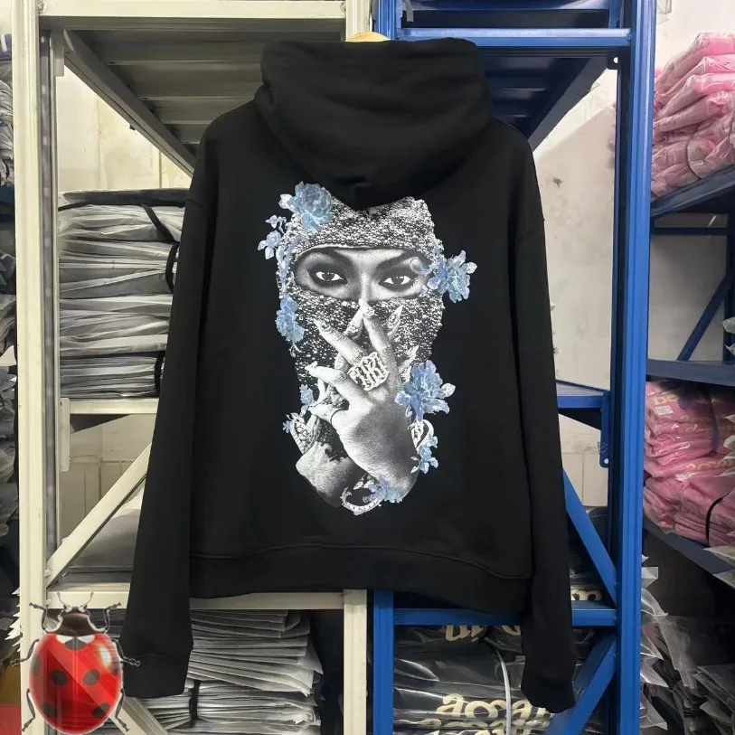 IH NOM UH NIT Lady Face Covering Pearl Mask Purple Flower Print Hoodie Sweatshirt Men Women Oversize Casual Sweatshirts Kanye