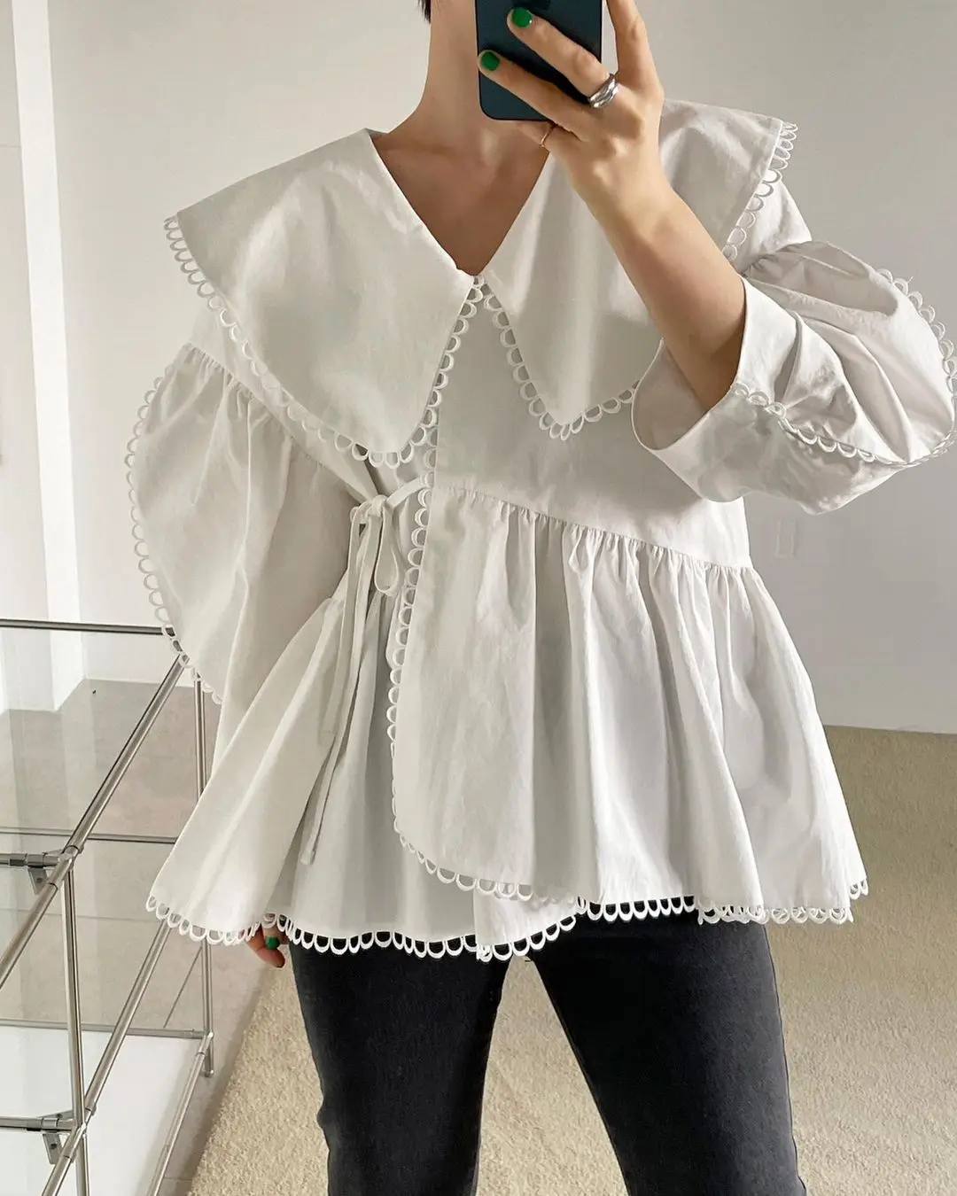 Baggy Blouse Women Spring Sweet Girls Kawaii All-match Peter Pan Collar Design Korean Style Stylish Chic Students Hot Sale Ins