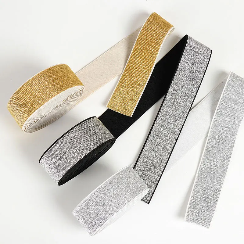 Elastic Glitter Ribbon Strap - Soft Gold & Silver, 2/5 Meter - Versatile for DIY Sewing, Crafting & Waistband Projects