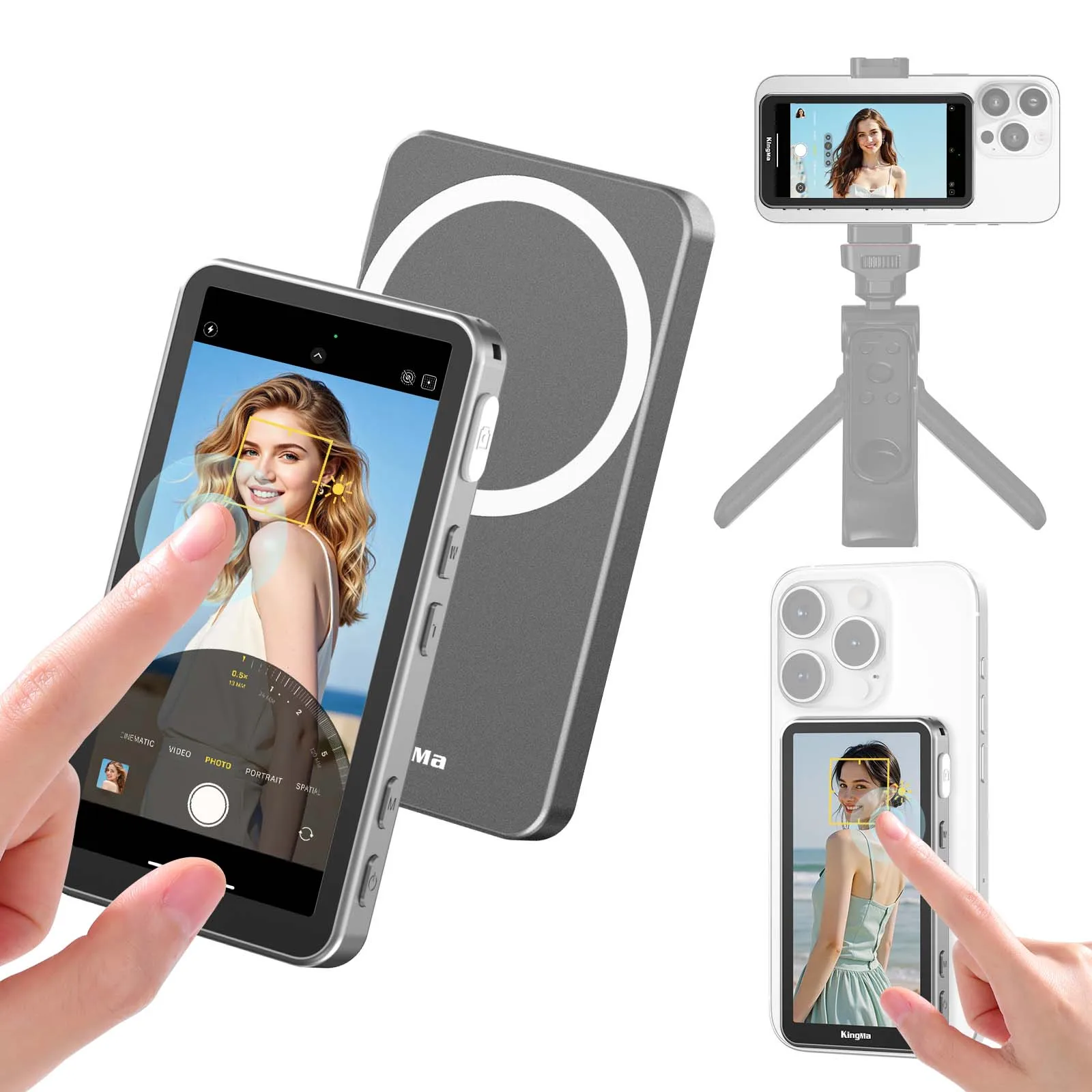 Touchscreen Phone Vlog Selfie Monitor Screen, Magnetic Wireless Back Camera Selfie Monitor with Focus Adjustment for iPhone
