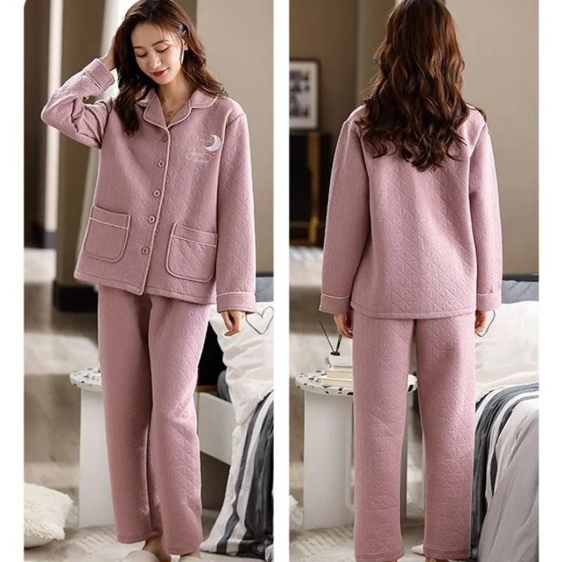2024 Ladies Autumn Winter Three-layer Warm Air Cotton Pajamas Set Thickened Long Sleeve Loungewear Women's Casual Sleepwear Suit
