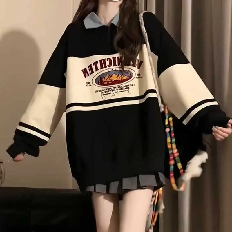 Fashion Lapel Zipper Spliced Printed Casual Sweatshirts Female Clothing 2023 Autumn Oversized Korean Tops All-match Sweatshirts