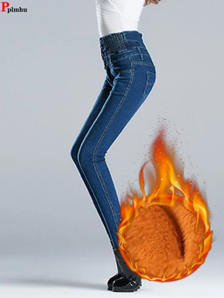 

Winter Skinny Add Velvet Pencil Jeans High Waist Thick Denim Pants Oversize 95kg Warm Vaqueros Button Korean Woman Trousers