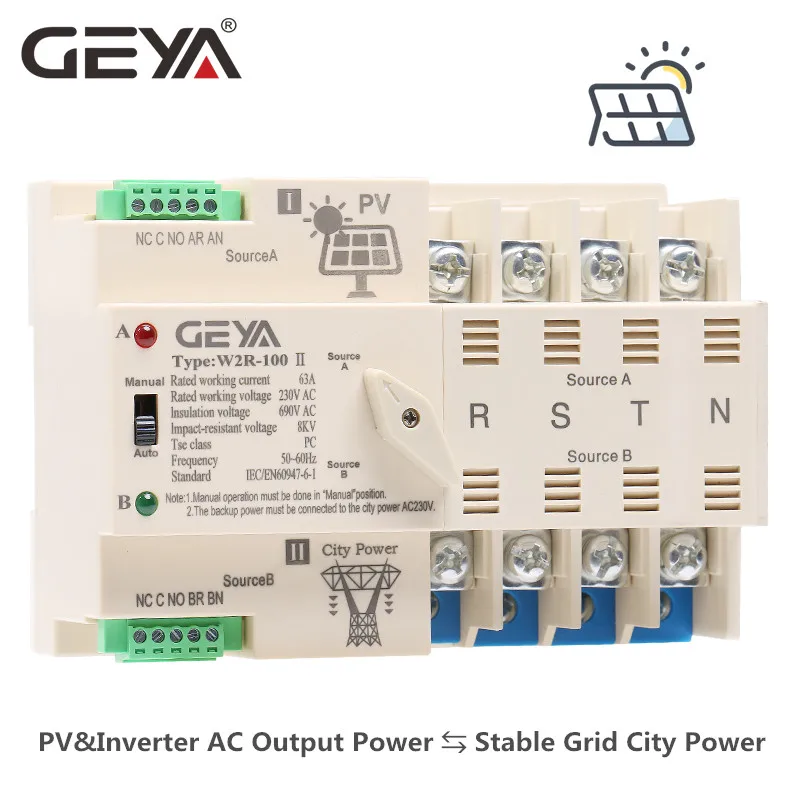 

GEYA W2R Grid PV System Power Transfer to City Power Dual Power Automatic Transfer Switch Din Rail 4P 63A 100A AC220V ATS 110V