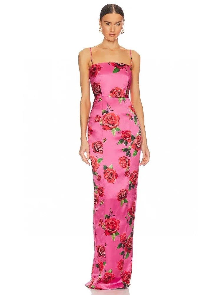 

New Chinese style rose camisole dress 2024 summer new strapless printed slit slim fit and elegant dress