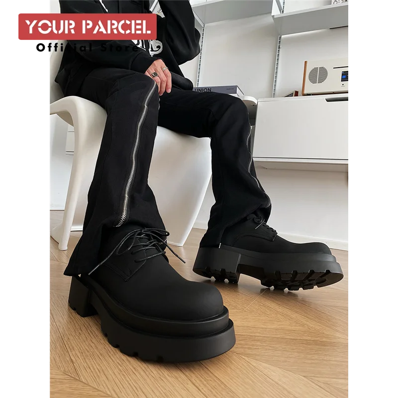Matte genuine leather with thick sole 7CM raised toe leather shoe featuring heavy industry structure design raised toe Derby men