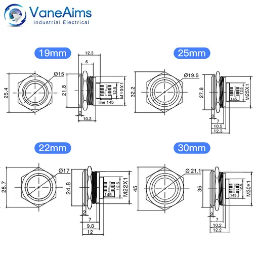 19/22/25/30mm Ultra Short LED Light Switch 3V 6V 12V 24V 220V Momentary Self Reset Waterproof Metal Push Button Switch with Wire - Image 6