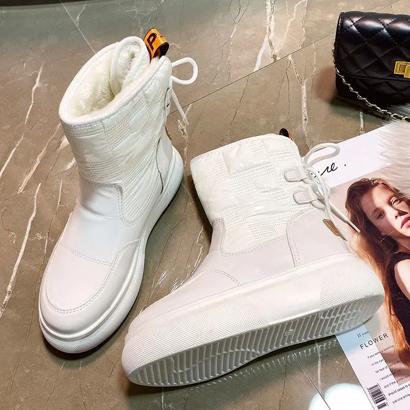 Waterproof Warm Ankle Boots Women Snow Shoes Platform Botas Mujer PU Leather Winter Thick Plush Boots Ladies 2023 New White