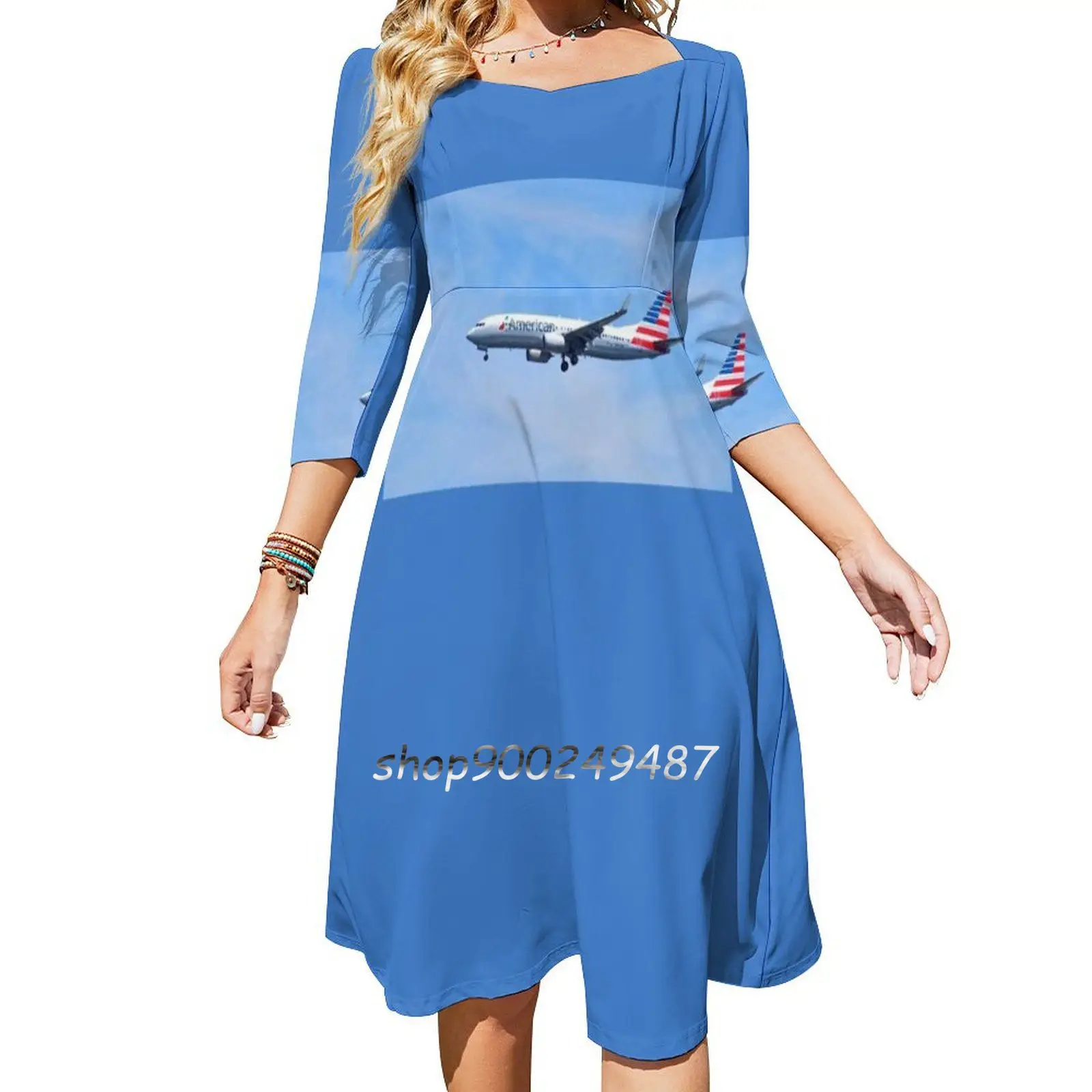 

Come Fly Me Square Neck Dress Cute Loose Print Dresses Elegant Beach Party Dress Plane Jet Aircraft Airplane Flying Airline