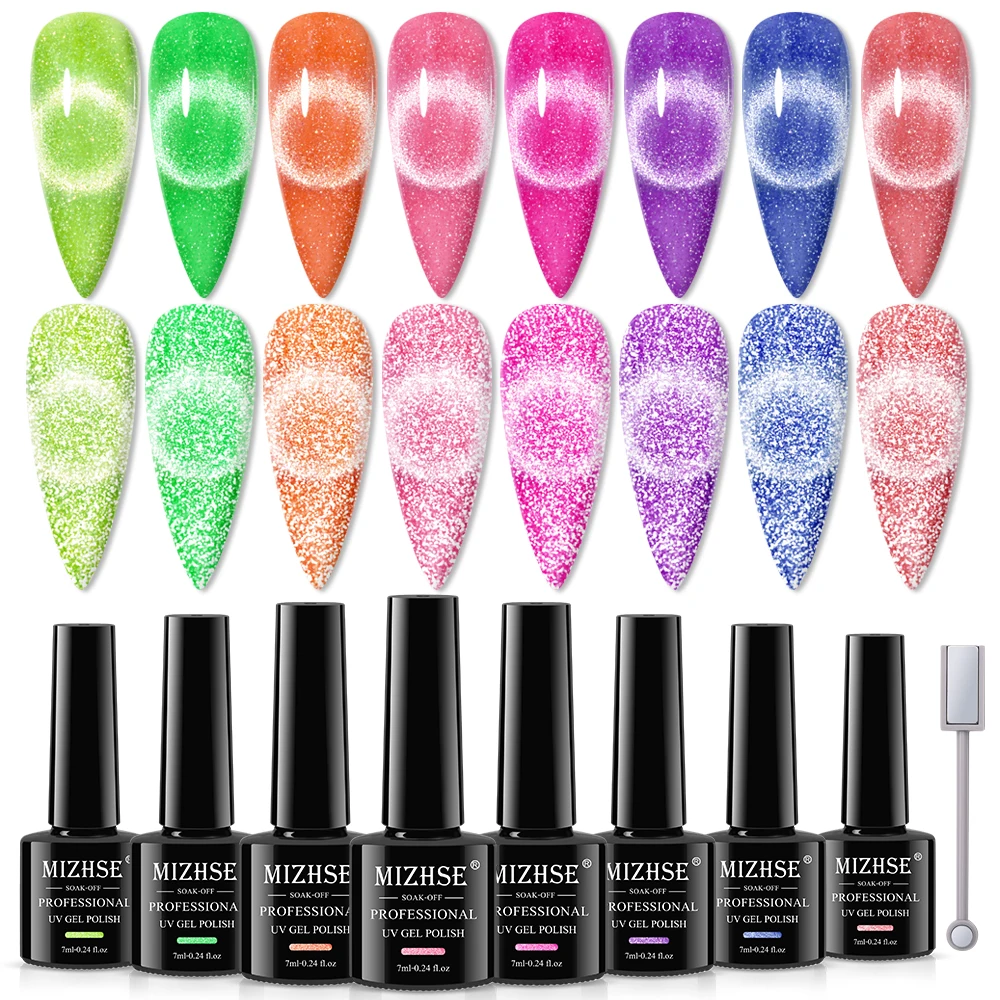 

MIZHSE 7ML/8PCS Neon Reflective Glitter Cat Magnetic Gel Nail Polish Set Semi Permanent UV Gel Soak Off Cat Eye Gel Nail Art