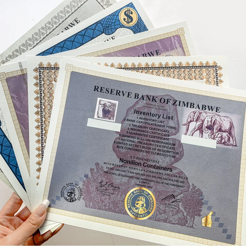 

100Pcs/lot Fifty Containers Nonillon Containers Zimbabwe Serial Number Banknotes Certificate with Anti-Counterfeiting Logo