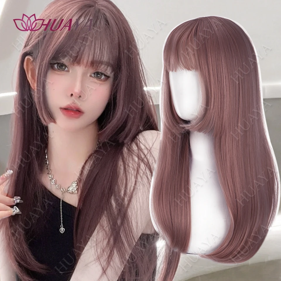 Black Mix Purple Wig Long Synthetic Wig with Bangs Natural Straight Black Highlights Purple for Women Cosplay Party Daily Use