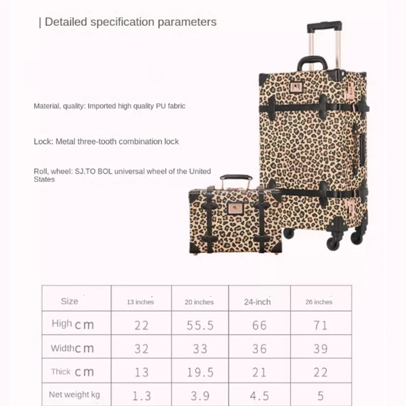 Trendy Retro Luggage Women's Roller Trunk Leopard Print Leather Suitcase 20