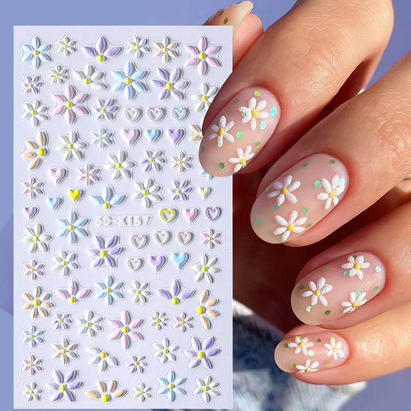 

5D Embossed Floral/Fruit/Heart Print Nail Art Stickers Summer Press On Nails Sliders Decals Decorations Manicure Accessories