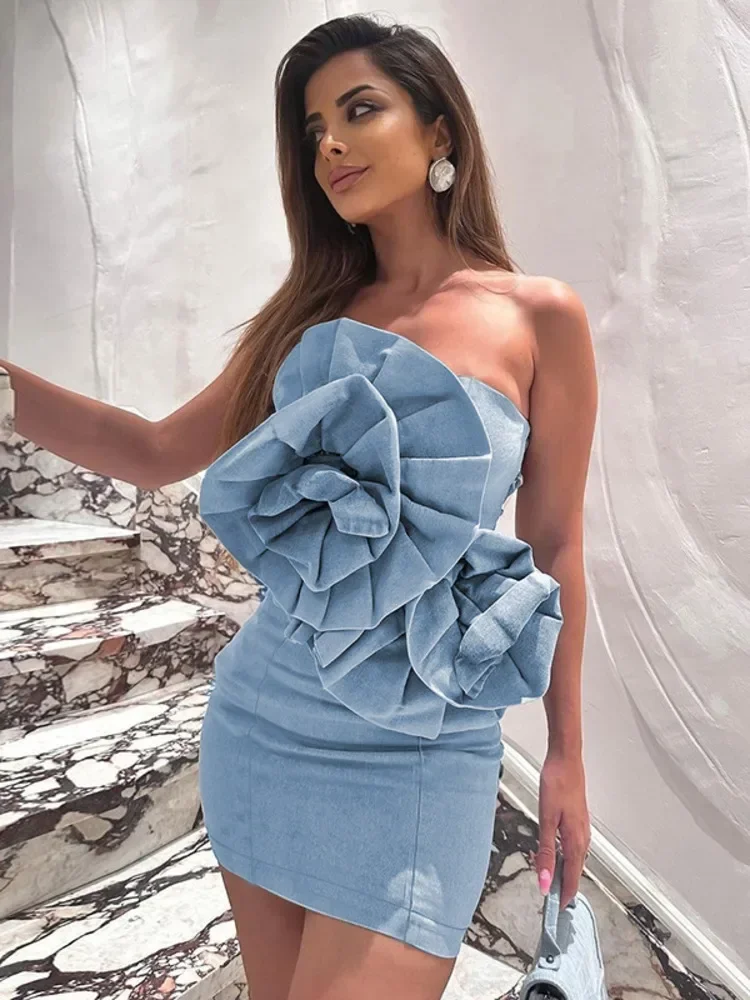 

XIZOU 3D Flower Denim Mini Dress Fashion Strapless Sleeveless Backless Bodycon Dress Elegant Club Party Dresses for Women